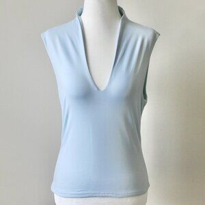 Pourtoi! Powder Blue Sleeveless Deep V-Neck Chic Preppy Top Blouse Small
